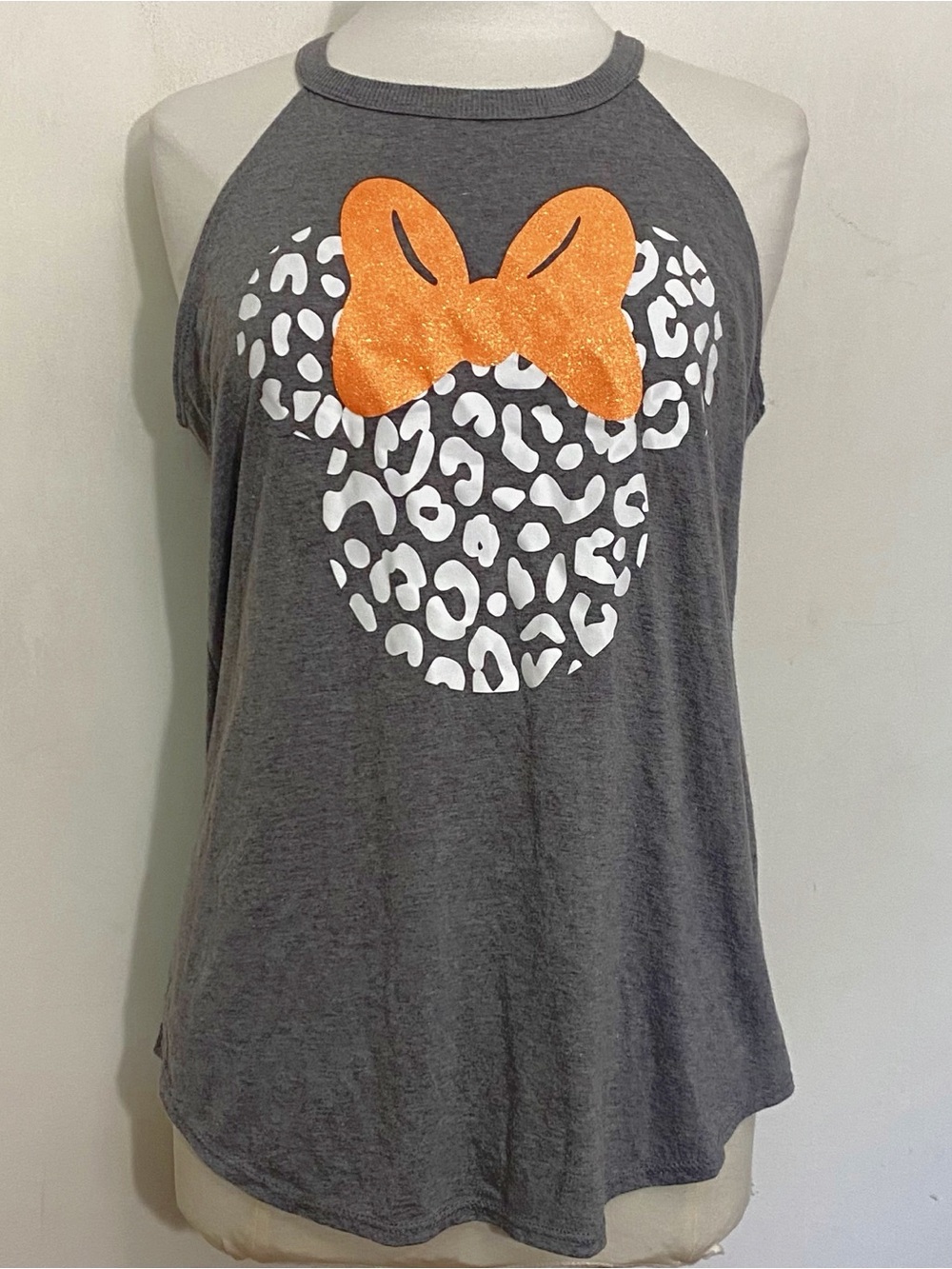 District Gray Tank Top with White Leopard Minnie Graphic and Orange Bow L